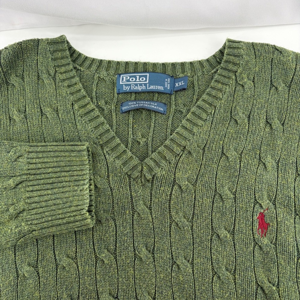 Polo Ralph Lauren Mens XXL Green 100% Tussah Silk Cable Knit V-Neck Sweater
